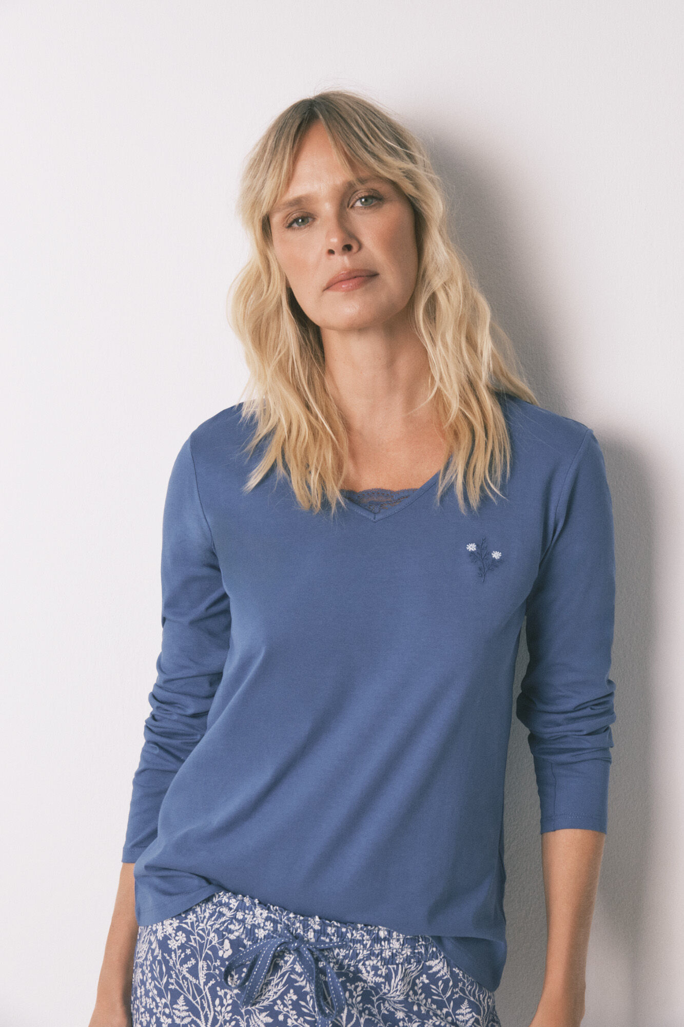 Women'secret Pijama largo 100% algod&oacute;n azul print flores