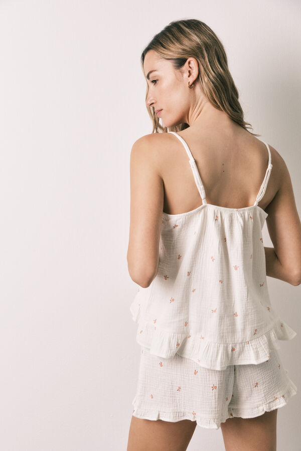 Women'secret Pijama corto tirantes algod&oacute;n volantes marfil