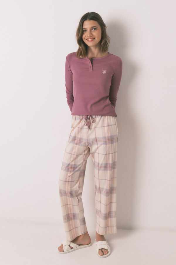 Women'secret Pijama largo algod&oacute;n estampado cuadros rosa rosa