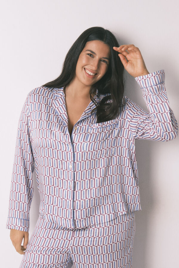 Women'secret Pijama camisero largo sat&eacute;n print geom&eacute;trico burdeos