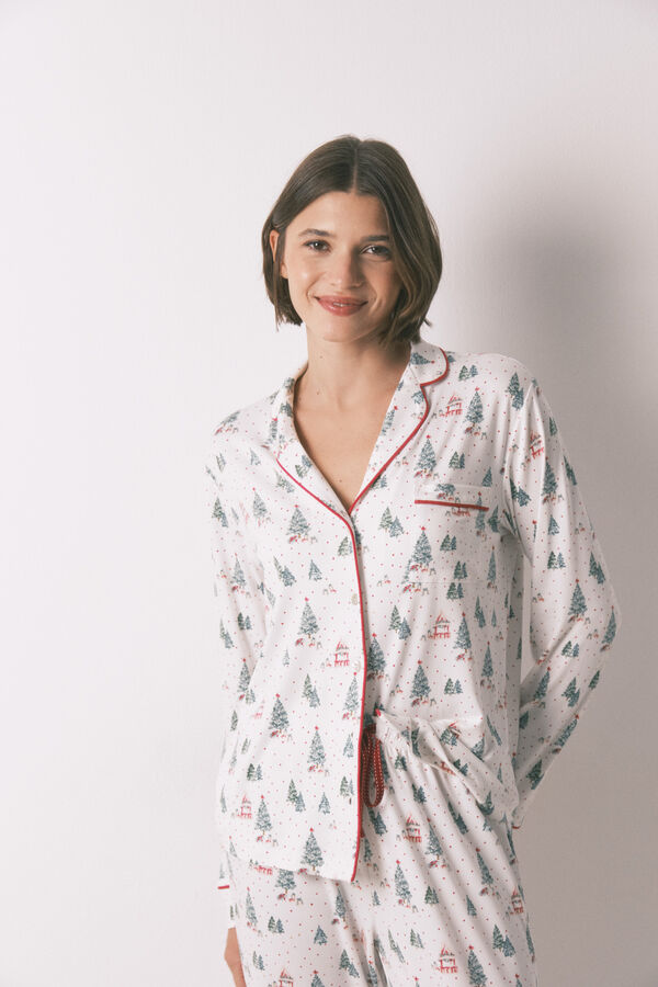 Women'secret Pijama camisero largo estampado navidad blanco marfil
