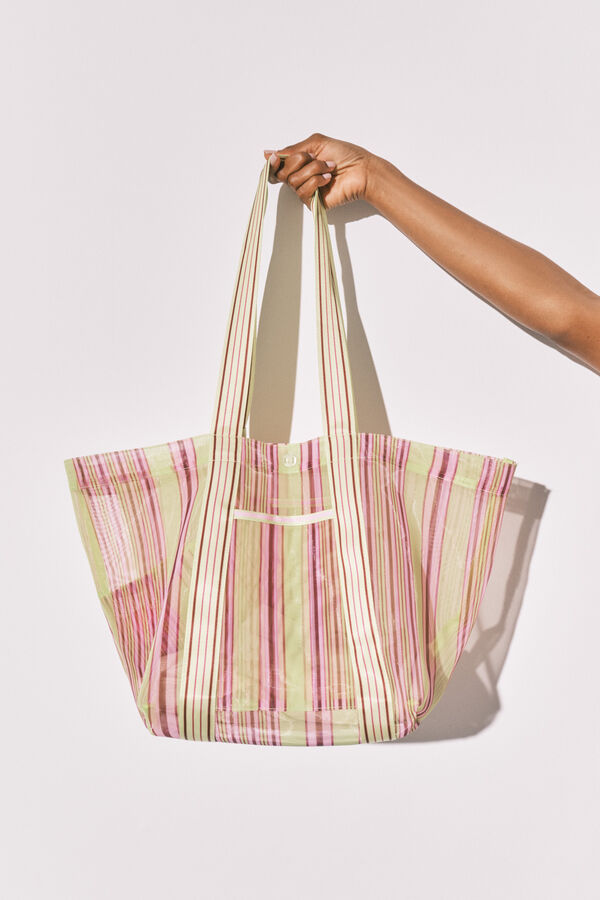 Women'secret Bolso grande mesh rayas verde y rosa estampado