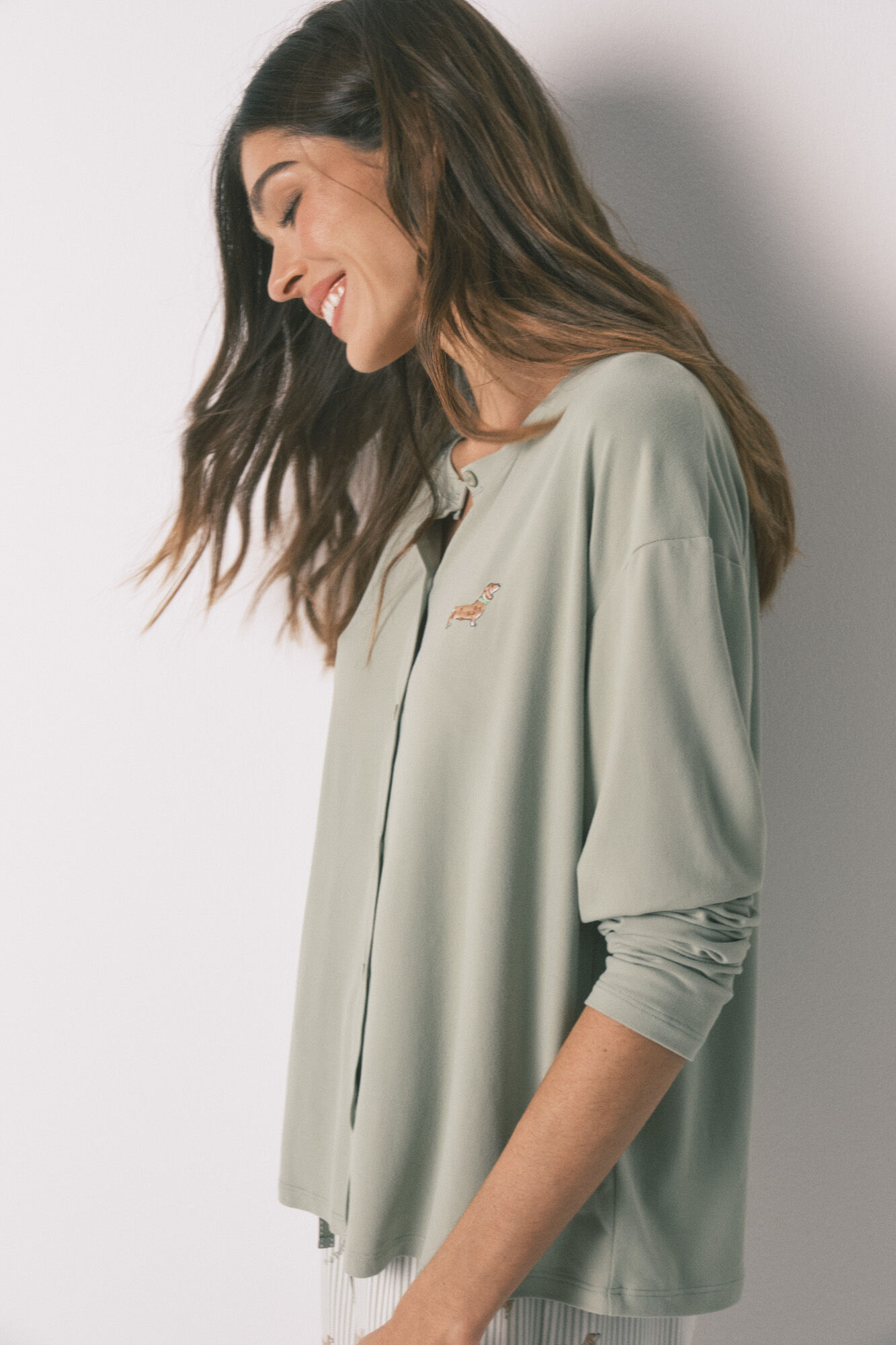 Women'secret Pijama largo punto suave verde estampado perritos