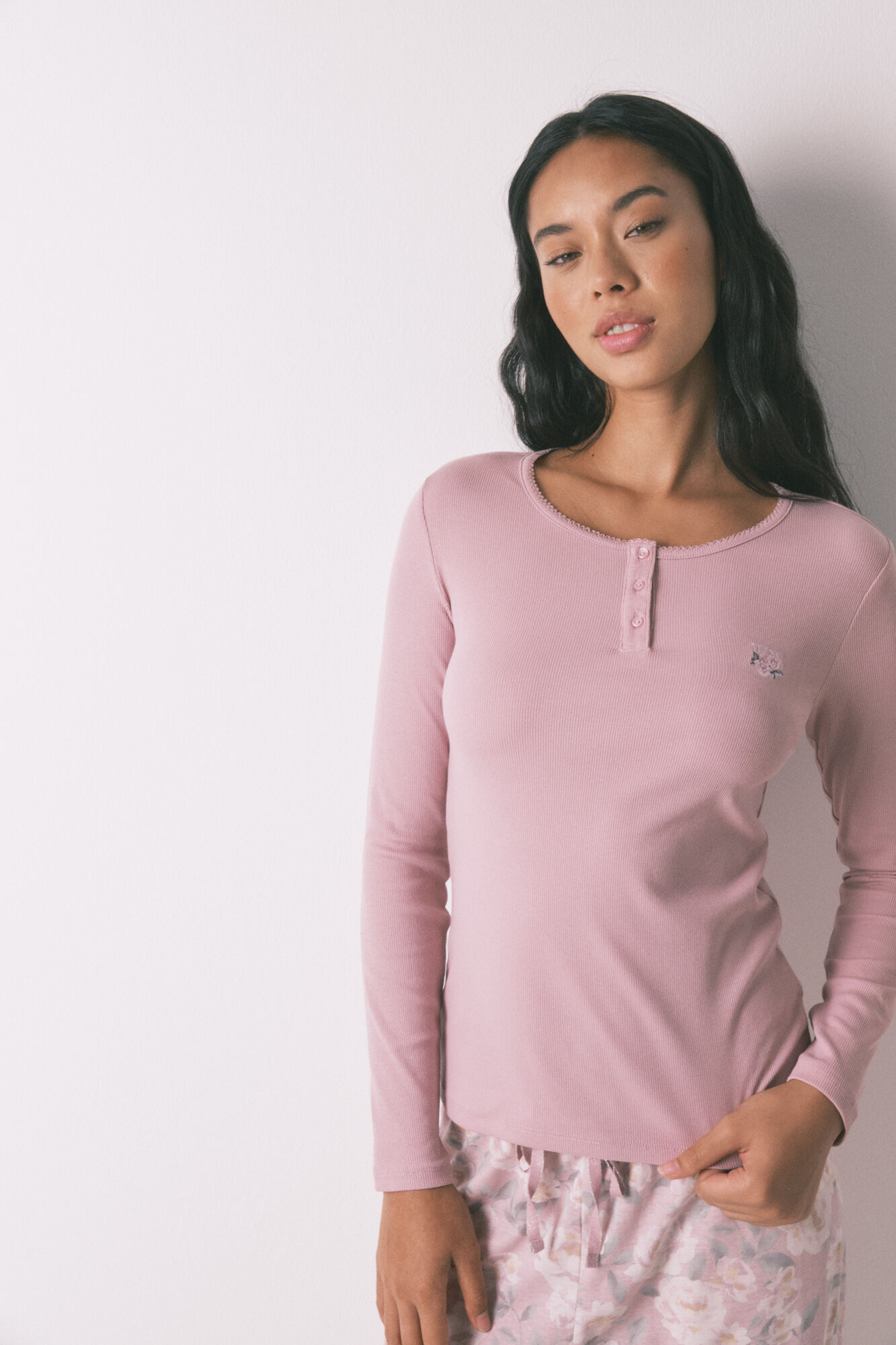 Women'secret Pijama largo algod&oacute;n estampado floral rosa