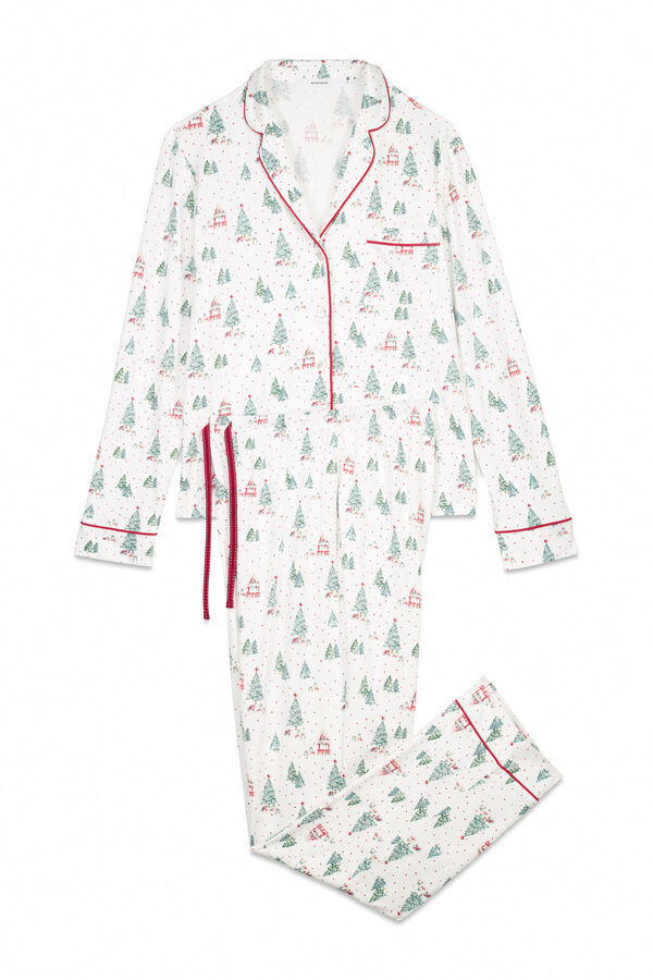 Women'secret Pijama camisero largo estampado navidad blanco marfil