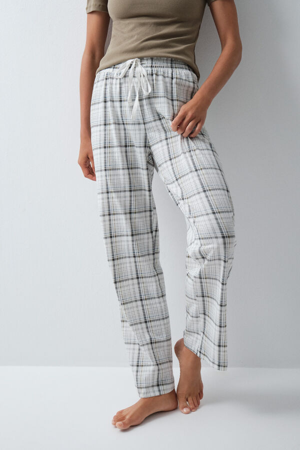Women'secret Pantal&oacute;n largo algod&oacute;n cuadros blanco