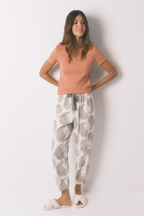 Women'secret Pantal&oacute;n largo 100% algod&oacute;n paisley  marfil