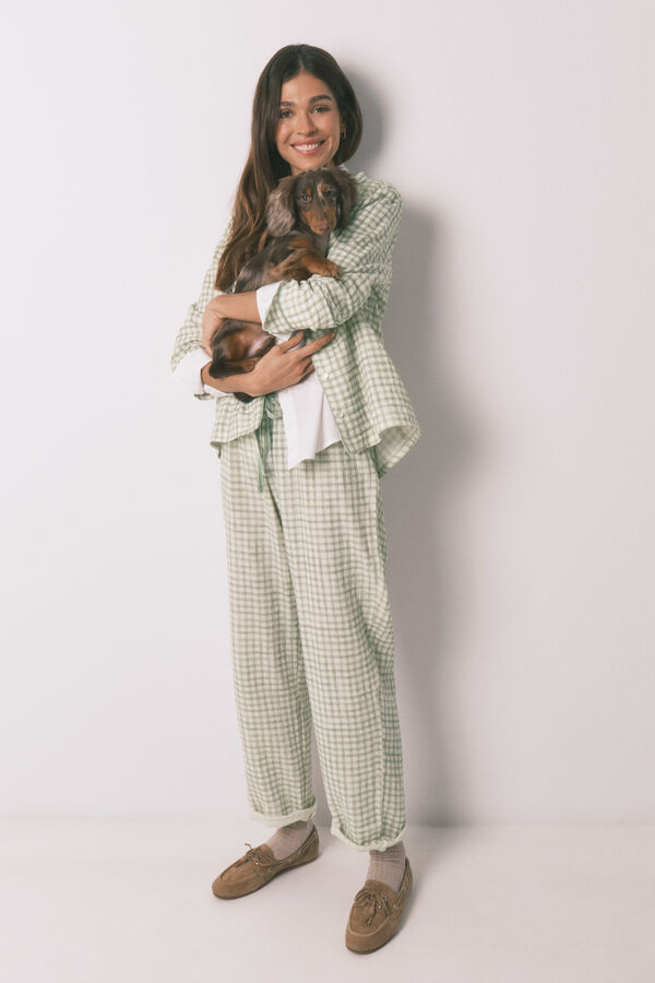 Women'secret Pijama camisero largo 100% algod&oacute;n estampado cuadros verde