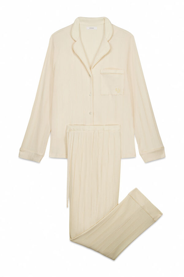 Women'secret Pijama camisero largo algod&oacute;n canal&eacute; amarillo marfil