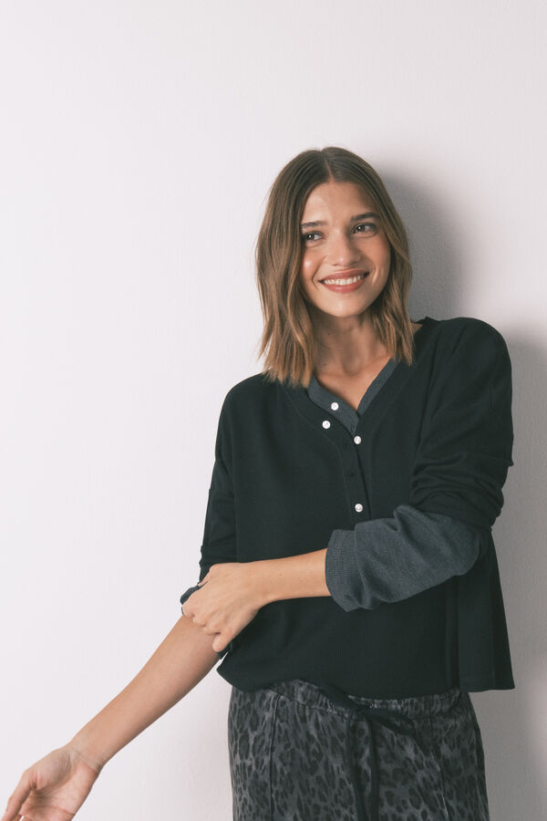 Women'secret Camiseta manga larga waffle negro negro