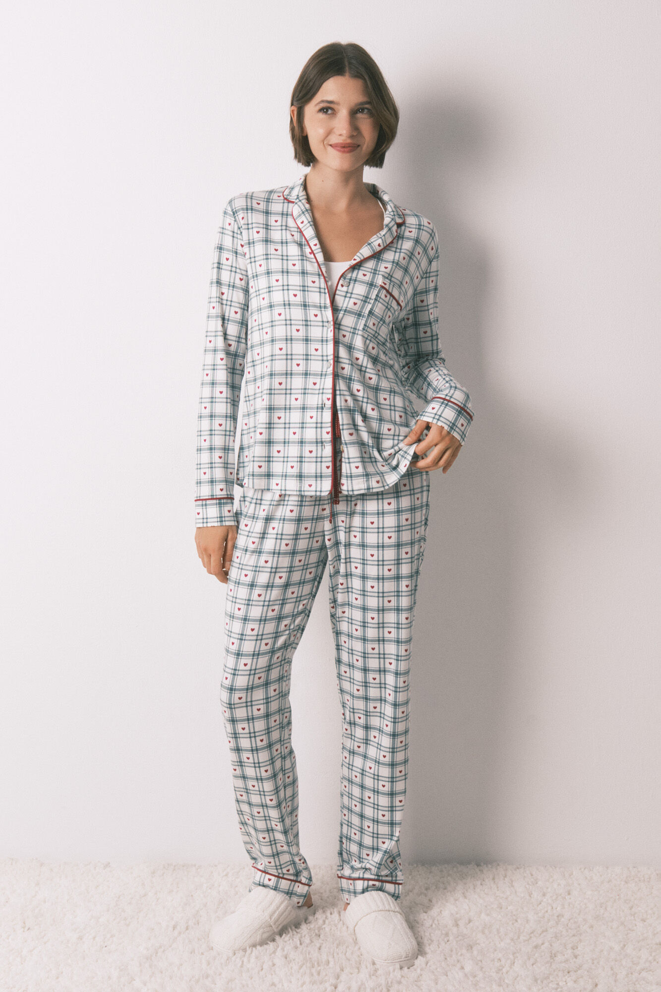 Women'secret Pijama camisero largo estampado cuadros verde