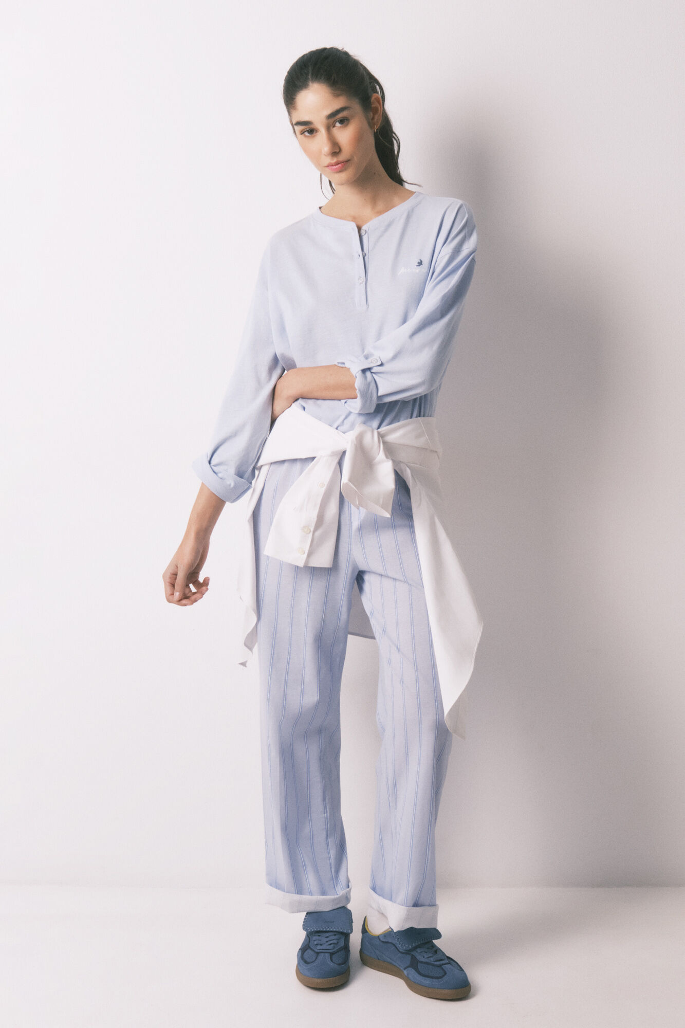 Women'secret Pantal&oacute;n largo 100% algod&oacute;n estampado rayas azul