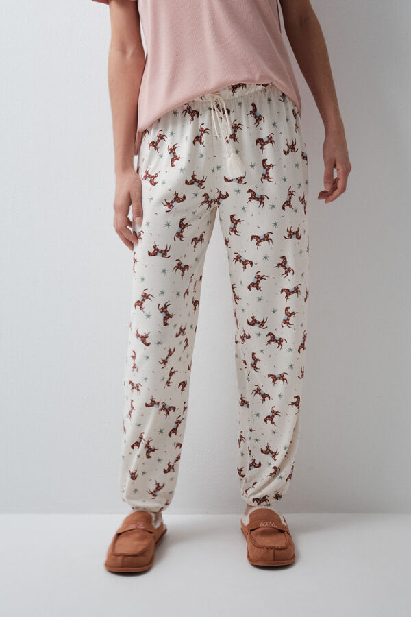 Women'secret Pantal&oacute;n largo estampado caballos marfil