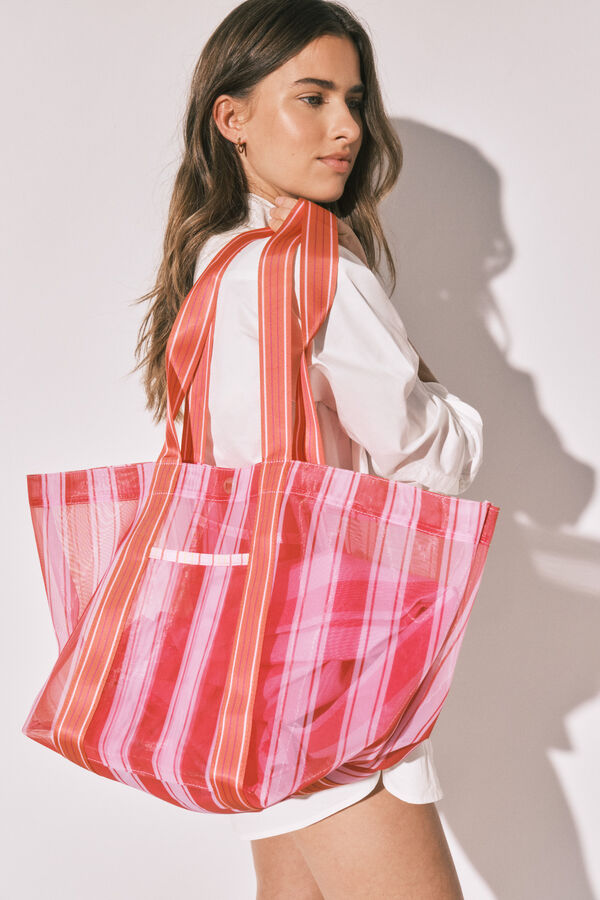 Women'secret Bolso grande mesh rayas rosa y naranja estampado