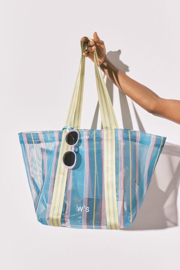 Women'secret Bolso grande mesh rayas azul y verde estampado