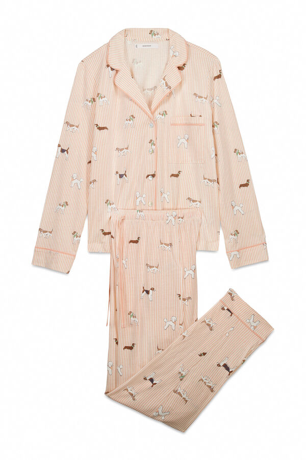 Women'secret Pijama camisero largo 100% algod&oacute;n estampado rayas y perritos naranja